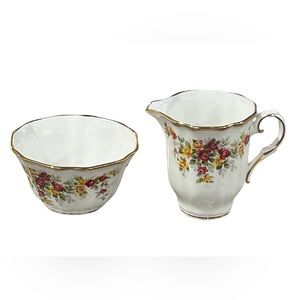 VTG Royal Grafton Pink-Yellow Roses Tea Cup Creamer & Sugar Bowl W/ Gold Trim